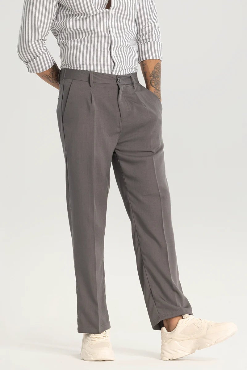 SNITCH Grey Plain Relaxed Fit Trousers - Image 1